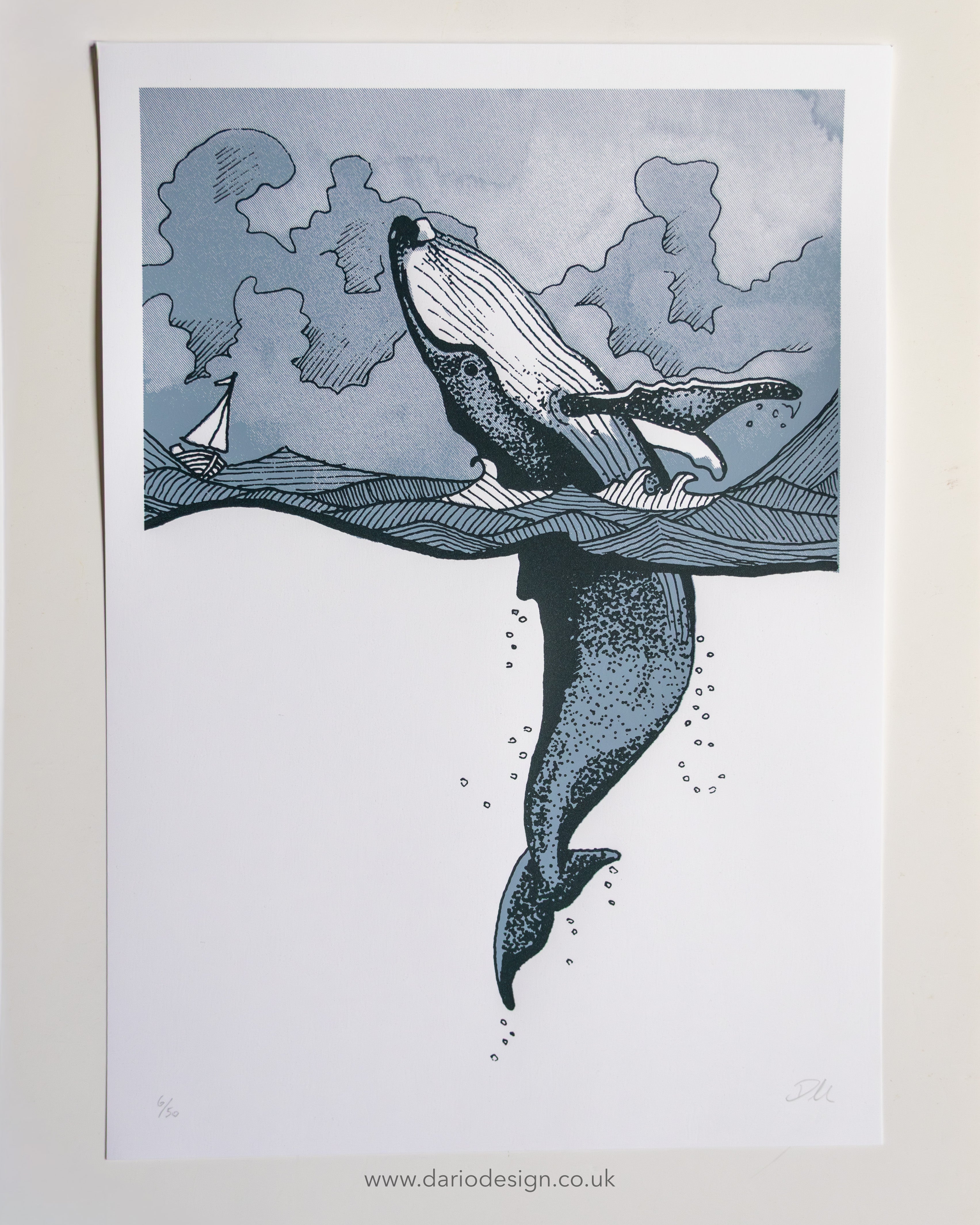 Humpback Whale in Stormy Seas - A3 Screen Printed limited edition