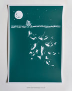 Midnight Orca - A3 Screen Printed limited edition (midnight / teal)