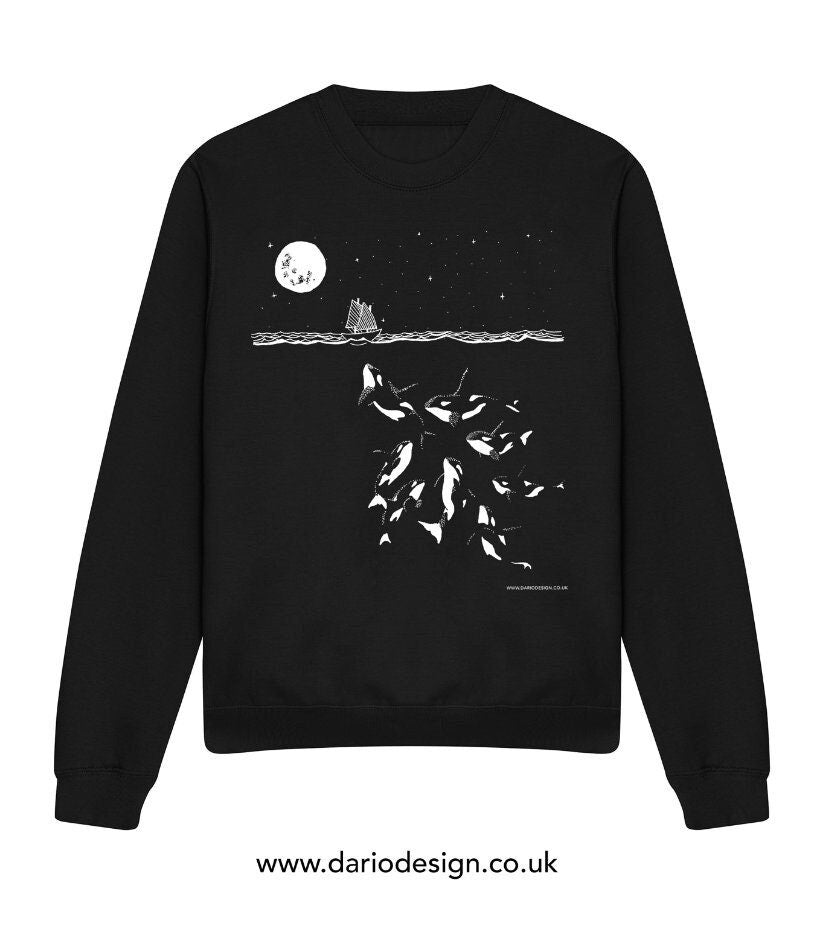 Midnight Orca Sweatshirt. Screen printed killer whale illustration