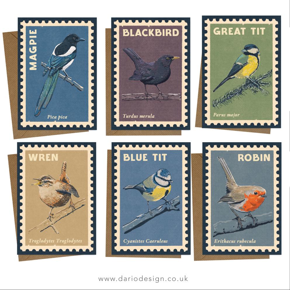 Songbirds - 6x retro illustrated greeting card multipack