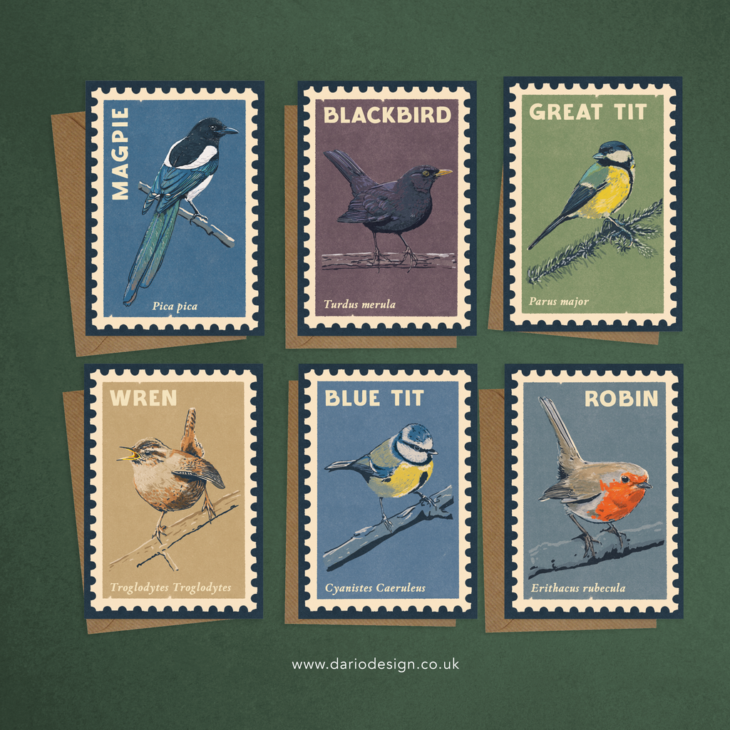 Songbirds - 6x retro illustrated greeting card multipack