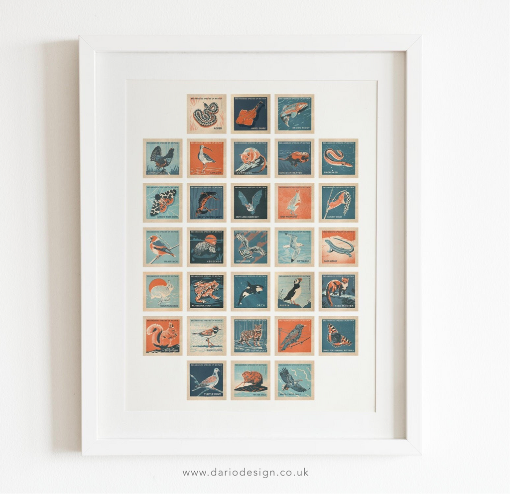 UK Endangered Species retro illustrated print