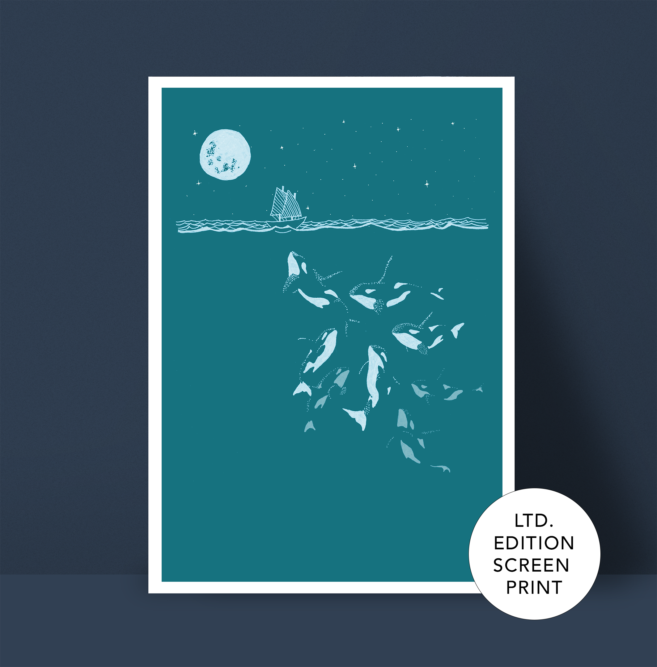 Midnight Orca - A3 Screen Printed limited edition (midnight / teal)